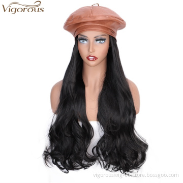 Vigorous Black Wavy Wig With Brown Hat For Women Heat Resistant Synthetic Hair Extensions hat wig